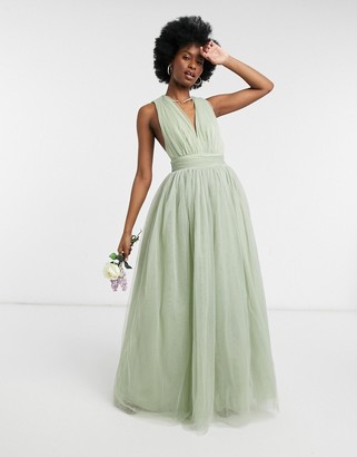 ASOS DESIGN tulle plunge maxi dress dress with bow back detail in sage -  ShopStyle