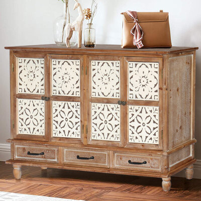 Ivy Bronx Vintage Buffet Cabinet With 4 Carved Door KitchenNatural Wood Sideboard With 3 Drawers For Living RoomEntryway