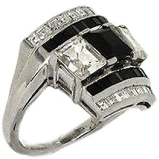 Art Deco Platinum Diamond & Onyx Bypass Ring