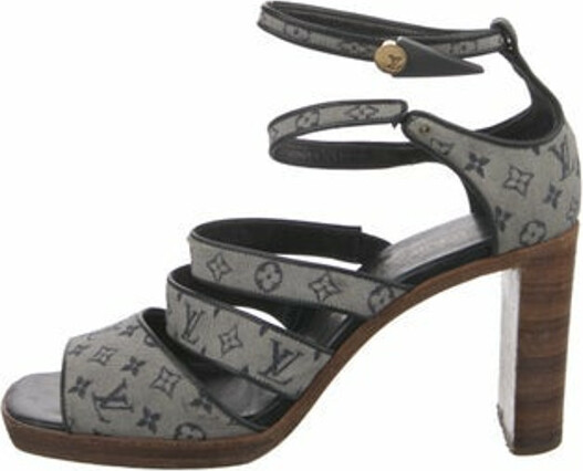 Louis Vuitton Gold/Brown Leather and Monogram Canvas Cork Wedge Strappy Sandals Size 38.5