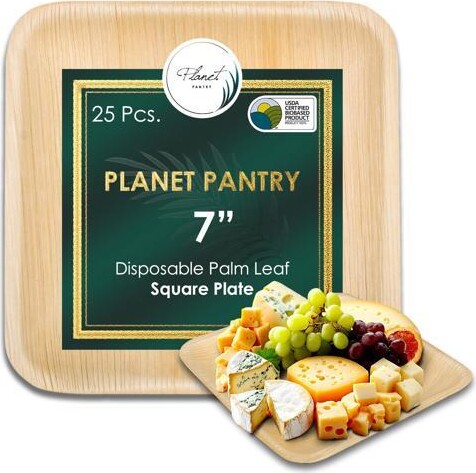 Planet Pantry Disposable Palm Leaf 7' Square Plate (25 pcs) Wooden Bamboo-Like Paper and Plastic Alternative Eco-Friendly for Food, Party, Buffet