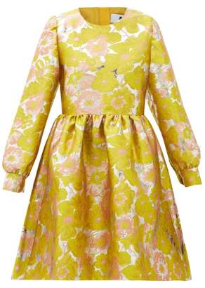 MSGM Puff-sleeved Floral-brocade Mini Dress - Womens - Yellow Multi