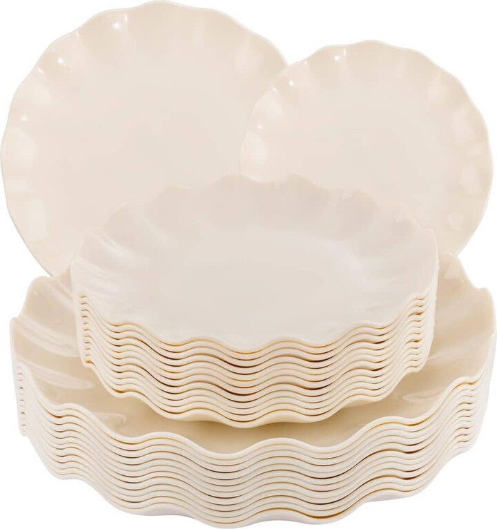 Numhew 24-Piece Modern Beige Plastic Dinnerware Set, Service for 12, Reusable, Microwave, Dishwasher Safe for Parties, Picnics