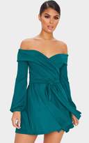 Thumbnail for your product : PrettyLittleThing Emerald Green Long Sleeve Wrap Bardot Skater Dress