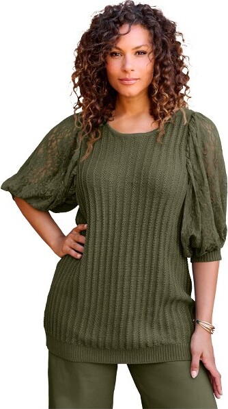 Roamans Roaman'sLaceSleeveSweater-22/24DarkOliveGreen