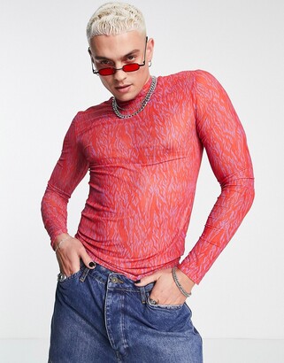 ASOS DESIGN muscle turtle neck long sleeve t-shirt in red printed mesh -  RED - ShopStyle