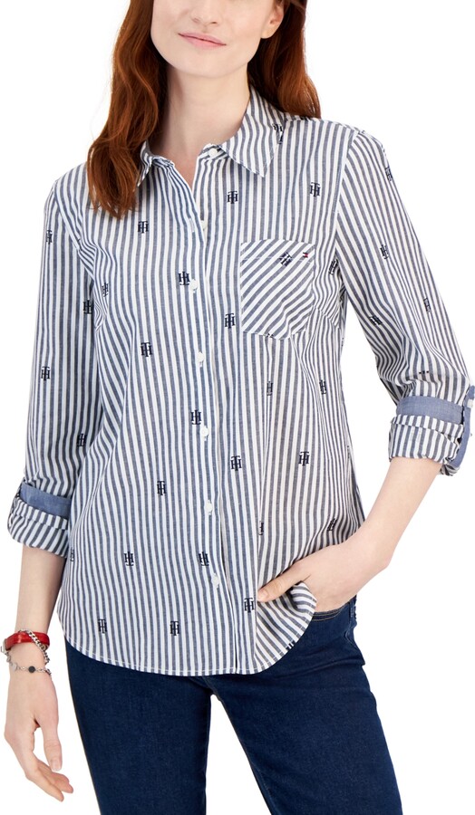 Tommy Hilfiger Women\'s Cotton Monogram-Logo Stripe-Print Shirt - Sky  Captain/ Bright White - ShopStyle T-shirts