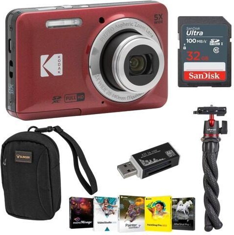 Kodak PIXPRO FZ55 Friendly Zoom Digital Camera, Red, With SD Card, Camera Bag, Tripod, Photo Editing Software, SD Card Reader
