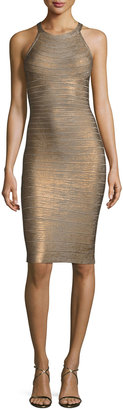 Herve Leger Sleeveless Metallic Halter Bandage Dress, Bronze/Combo