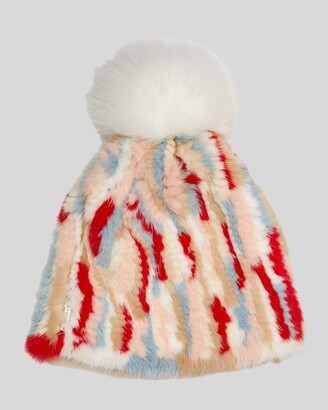 Gorski Knit Mink Fur Beanie Hat w/ Fox Fur Pompom