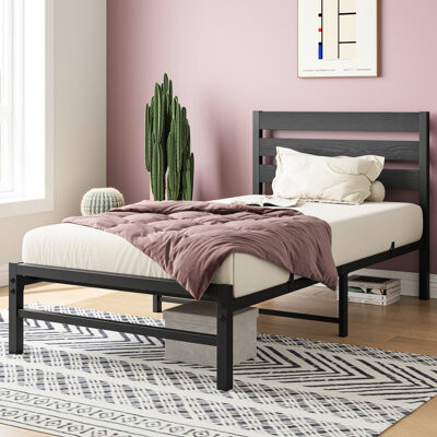 Winston Porter Twin Bed Frame With Rustic Headboard. Metal, No Box Spring. 9 Support Legs, 12 Steel Slats. 10.6-inch Under Storage. Black. Quiet And Easy To Assemble