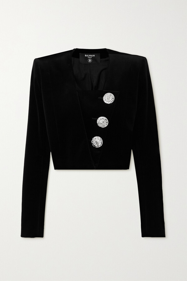 Balmain Cropped Cotton-velvet Blazer Black ShopStyle