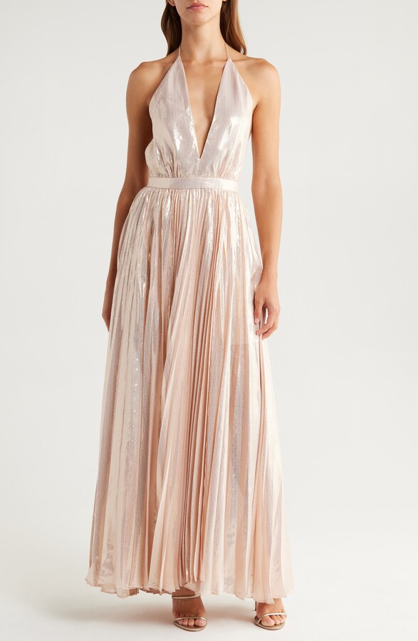 Camila Pleated Plunge Neck Silk Blend Halter Dress