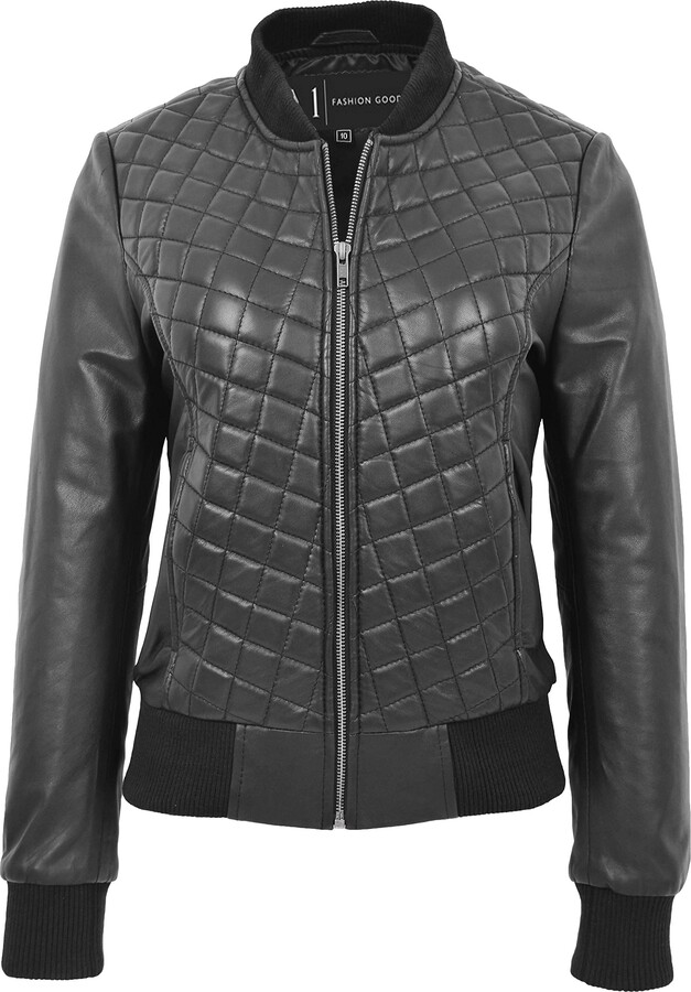 A1 FASHION GOODS Womens Real Leather Bomber Jacket Black Diamond
