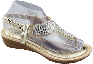 KOLLACHE Womens Low Wedge Toe Post Sandals Ladies Diamante Summer Shoes