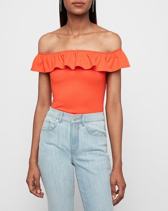 Express Ribbed Ruffle Off The Shoulder Thong Bodysuit