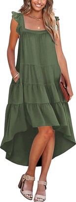 Kirundo Women 2023 Summer Sleeveless Ruffle High Low Square Neck Midi Dress Loose Fit Pleated Flowy Holiday Beach Sun Dress(Army Green