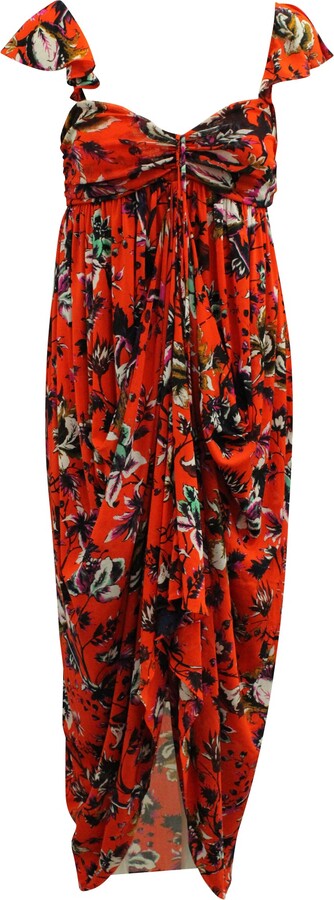 Diane von Furstenberg Sweetheart Neckline Draped Floral Dress in Orange Nylon