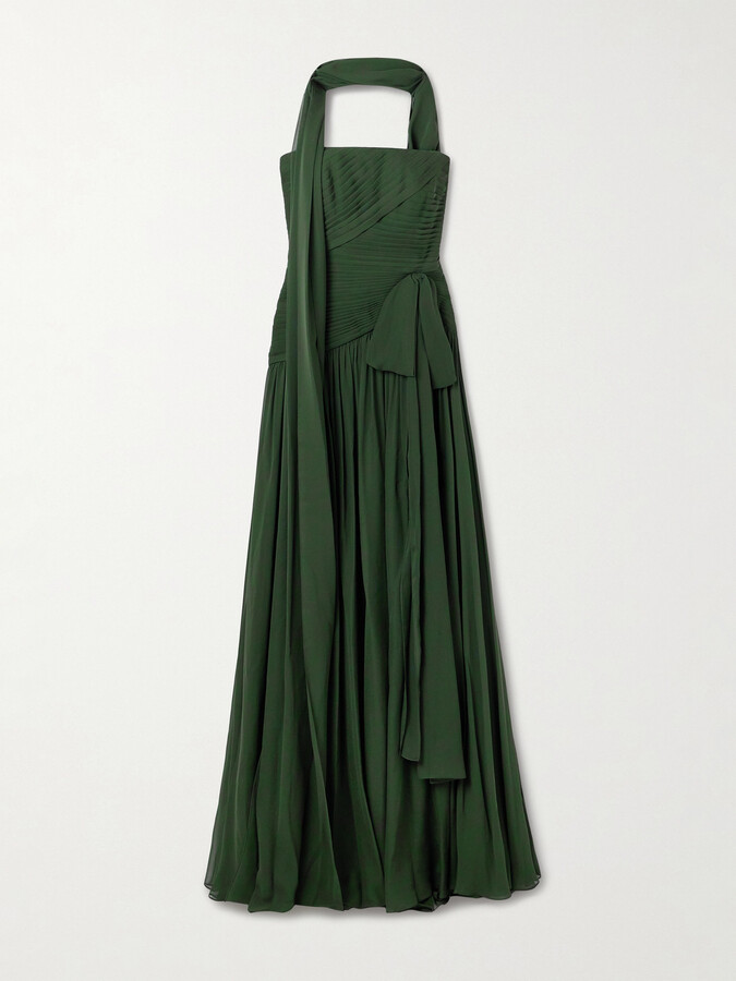 Elie Saab Scarf-detailed Pintucked Silk Crepe De Chine Gown - Green
