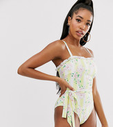 Thumbnail for your product : Peek & Beau Fuller Bust Exclusive Eco floral stripe swimsuit with ruffle and belt in yellow D - F Cup