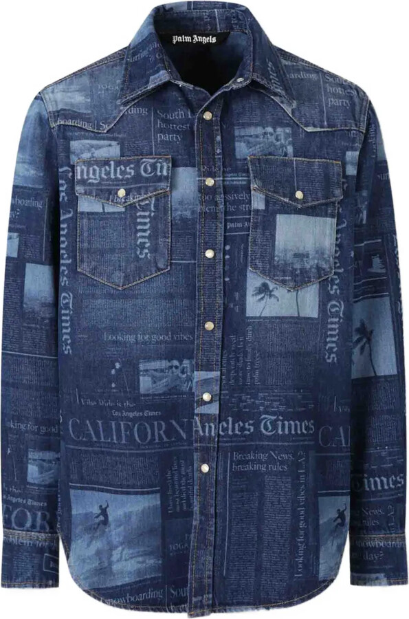 Palm Angels Newspaper-Print Denim Shirt