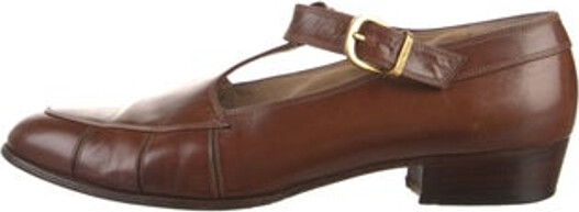 Ferragamo Leather Mary Jane Flats Brown Semi-Pointed Toes Buckle Closure At Uppers Includes Box