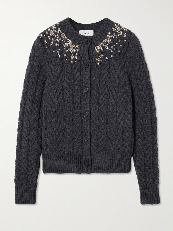 Alexander McQueen Crystal-embellished Cable-knit Wool And Cashmere-blend Cardigan - Gray
