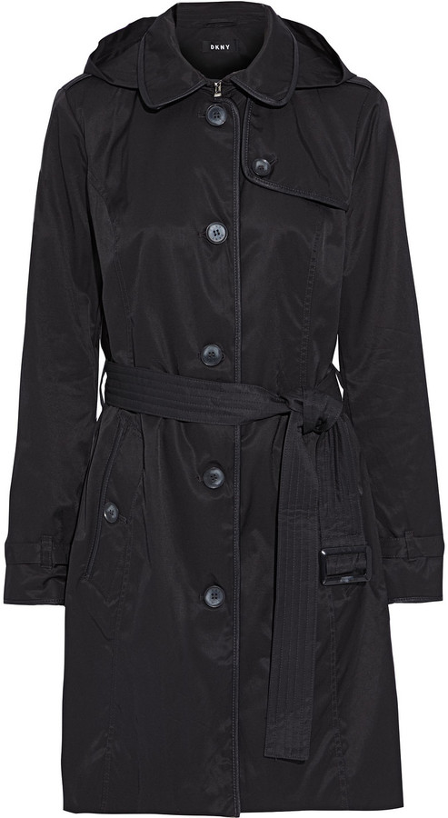 Dkny Faux Leather Trimmed Cotton Blend, Dkny Belted Faux Leather Trim Hooded Trench Coat