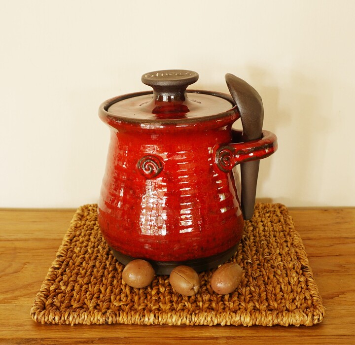 Handmade Ceramic Olive Jar Wheel Thrown Kitchen Storage With Spoon