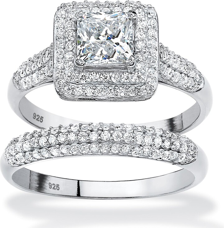 PalmBeach Jewelry 2 Piece 1.67 TCW CZ Halo Bridal Ring Set in Platinum-plated Sterling Silver