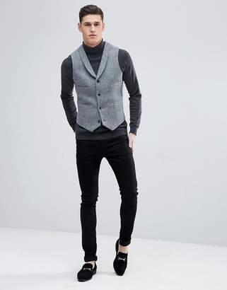ASOS Design TALL Slim Waistcoat in Harris Tweed 100% Wool Light Grey Check