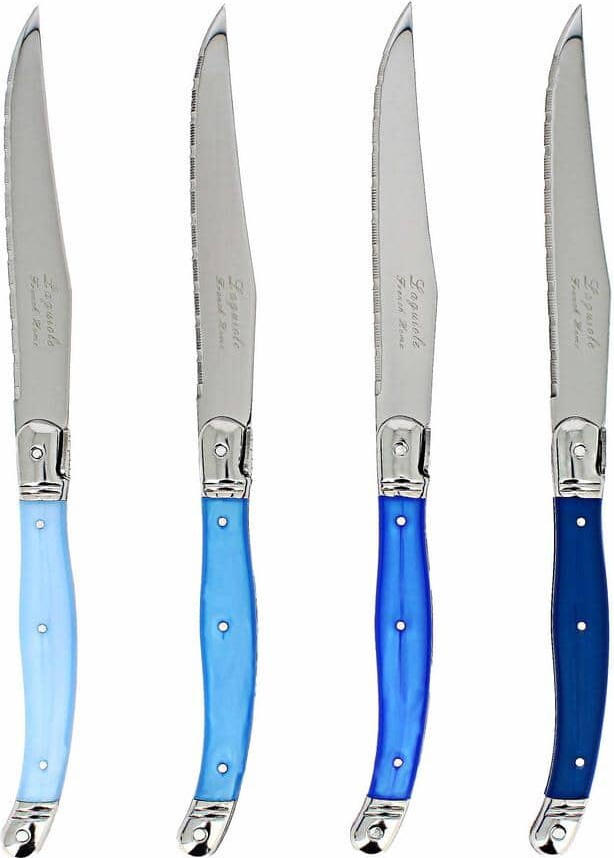 French Home Laguiole 4.5 in. Stainless Steel Full Tang 4-Piece Serrated Steak Knife Set, Shades of Blue