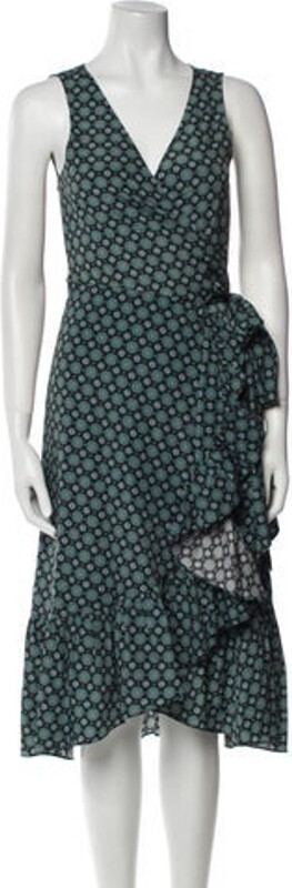 Tory Burch Wrap Dress Black & Green Floral Print Pleated & Ruffle Accents Sleeveless with V-Neck Designer