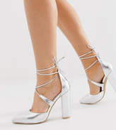 Thumbnail for your product : Glamorous Wide Fit silver block heeled tie up court shoes