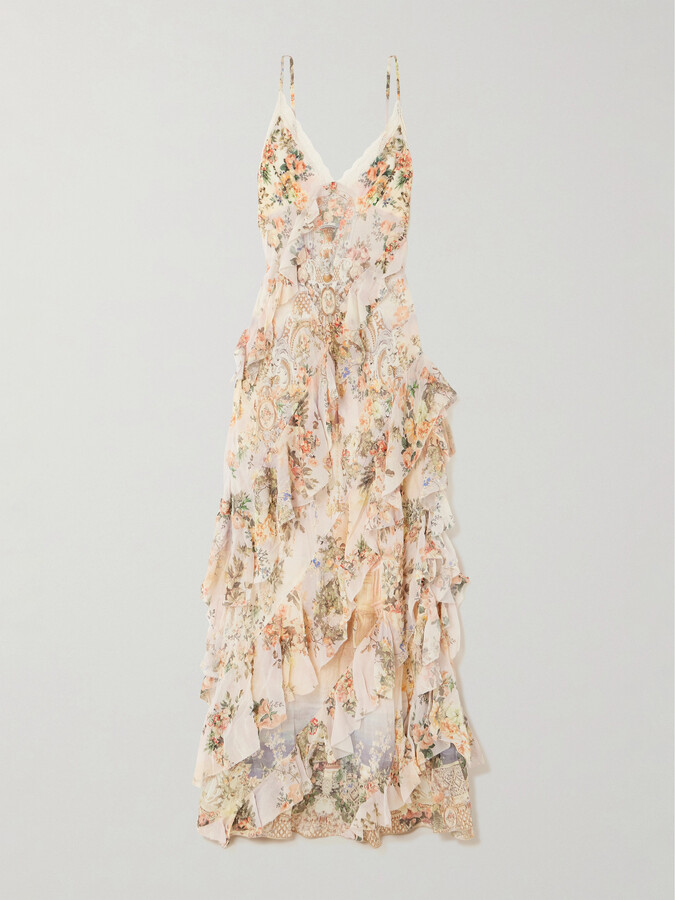 Camilla Lace-trimmed Ruffled Floral-print Silk-chiffon Maxi Dress - Multi