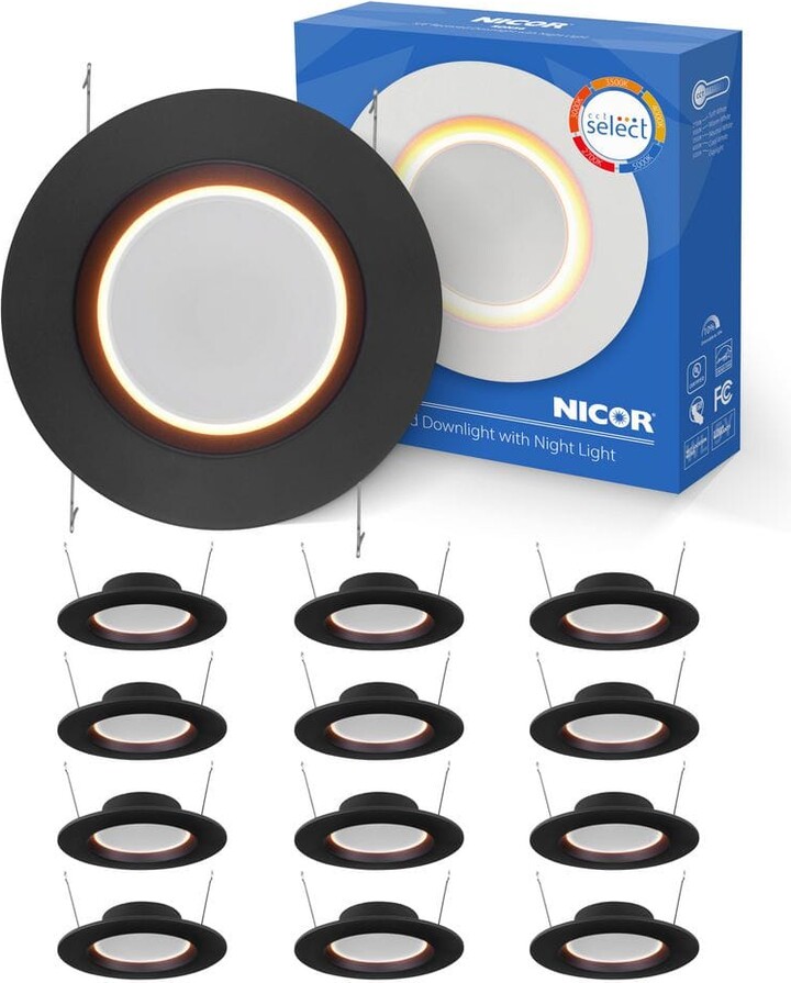 NICOR RDN 5/6 in. Black Selectable CCT Housing Required Integrated LED Recessed Light Trim with Nightlight, 12-Pack