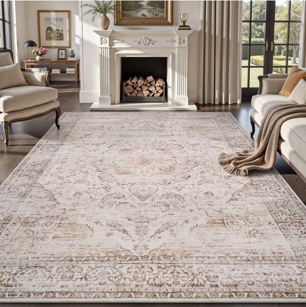 MontVooVintageMedallionNon-SlipWashableRugBeige5'x7'