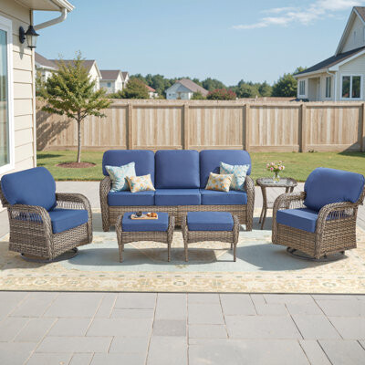 6-Piece Premium Outdoor Rattan Set, 1 PE Wicker 3-Seater Sofa, 2 Swivel Rockers With Thickened Cushions, 2 Multi-Function Ottomans & Tempered Glass Si