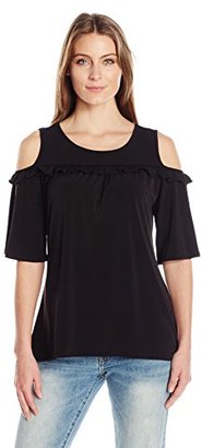 NY Collection Women's Solid Elbow Sleeve Cold Shoulder Top with Ruffle