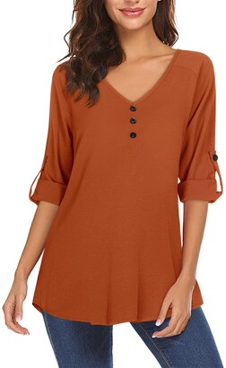 Moyabo Sexy Tops for Women Plus Size Women's 3/4 Cuffed Sleeve Button Down  V Neck Shirts Blouses Orange XX-Large - ShopStyle