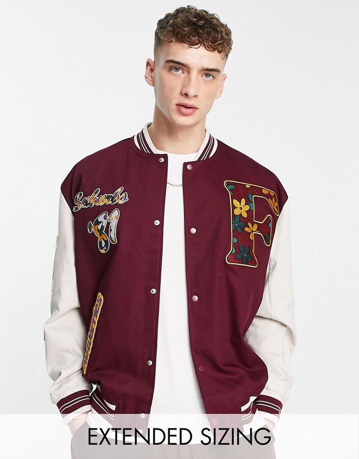 ASOS DESIGN oversized varsity jacket in red with badges ShopStyle