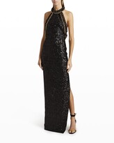 Thumbnail for your product : Balmain Sequined Halter-Neck Chain-Trim Column Gown