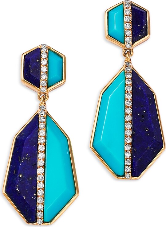 Bloomingdale's Fine Collection Lapis Lazuli, Turquoise & Diamond Geometric Drop Earrings in 14K Yellow Gold