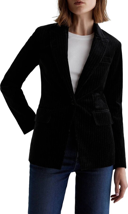 Rue Pinstripe Velvet Blazer In Super Black White