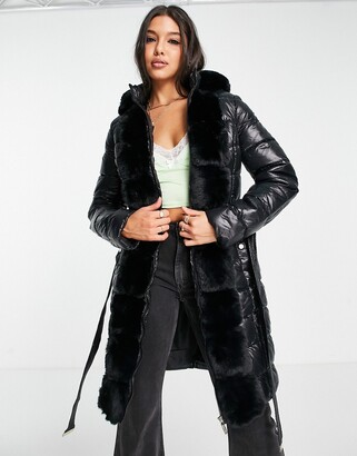 Lipsy longline padded jacket with faux fur hood detail and belt in black -  ShopStyle