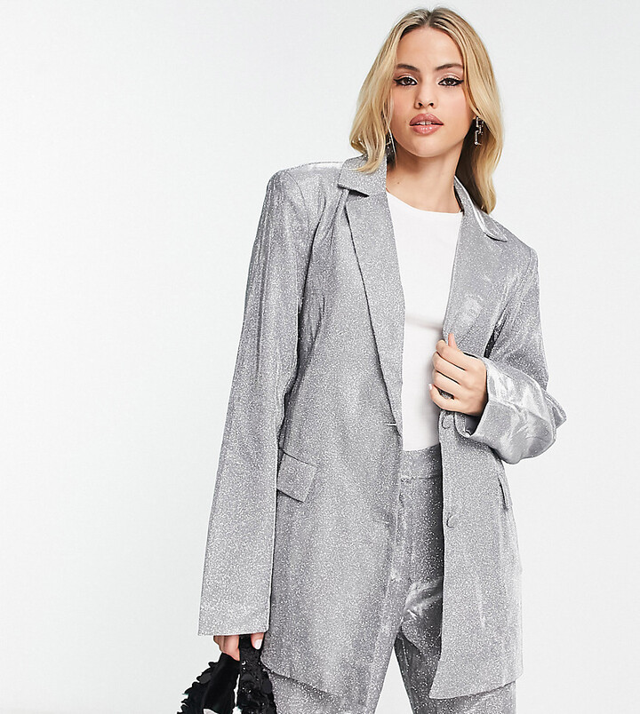 Pieces Tall exclusive glitter oversized blazer in silver part of a set ShopStyle