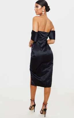 PrettyLittleThing Black Pleated Bodice Satin Bardot Midi Dress