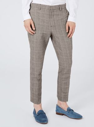 Topman Gray Check Linen Rich Skinny Fit Cropped Suit Pants