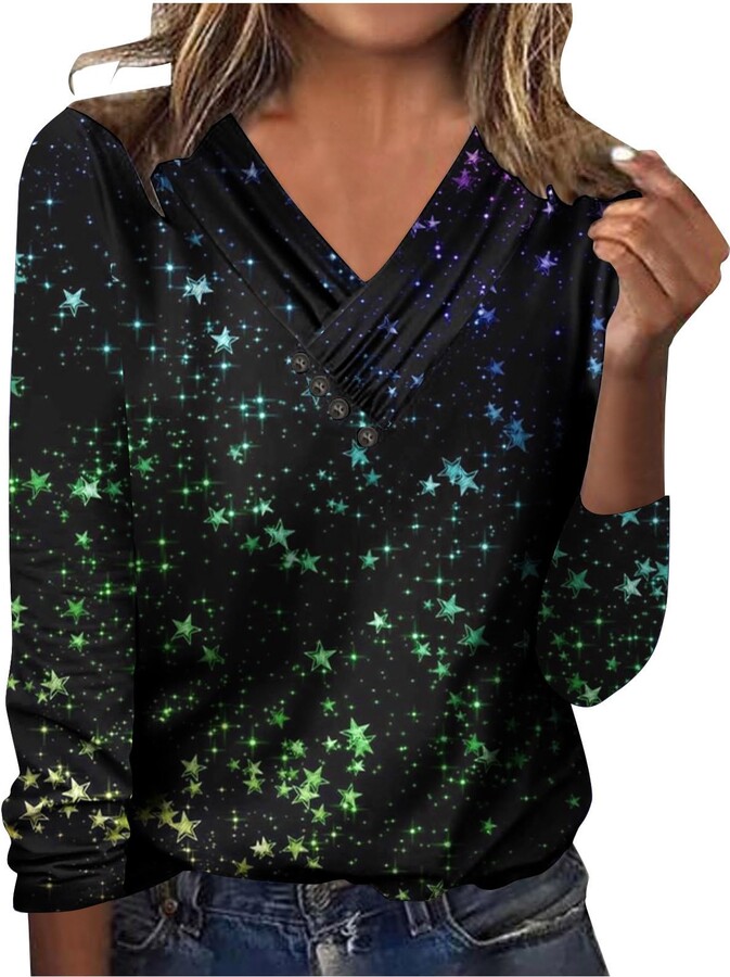 Generic Blouse Women's Plain Long Sleeve Shirt Glitter Star Print Pullover  Buttons V-Neck Tops 3D Colourful Print Long Shirt Elegant Basic Tops Fit  Cotton T-Shirt Long Sleeve Tunic Party Wear - ShopStyle