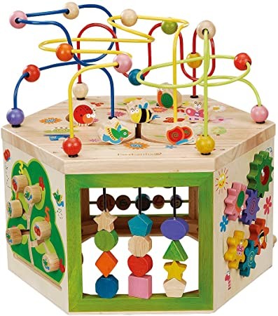 EverEarth Garden Activity Cube. Wood Shape & Color Sorter, Bead Maze & Counting Baby Toy